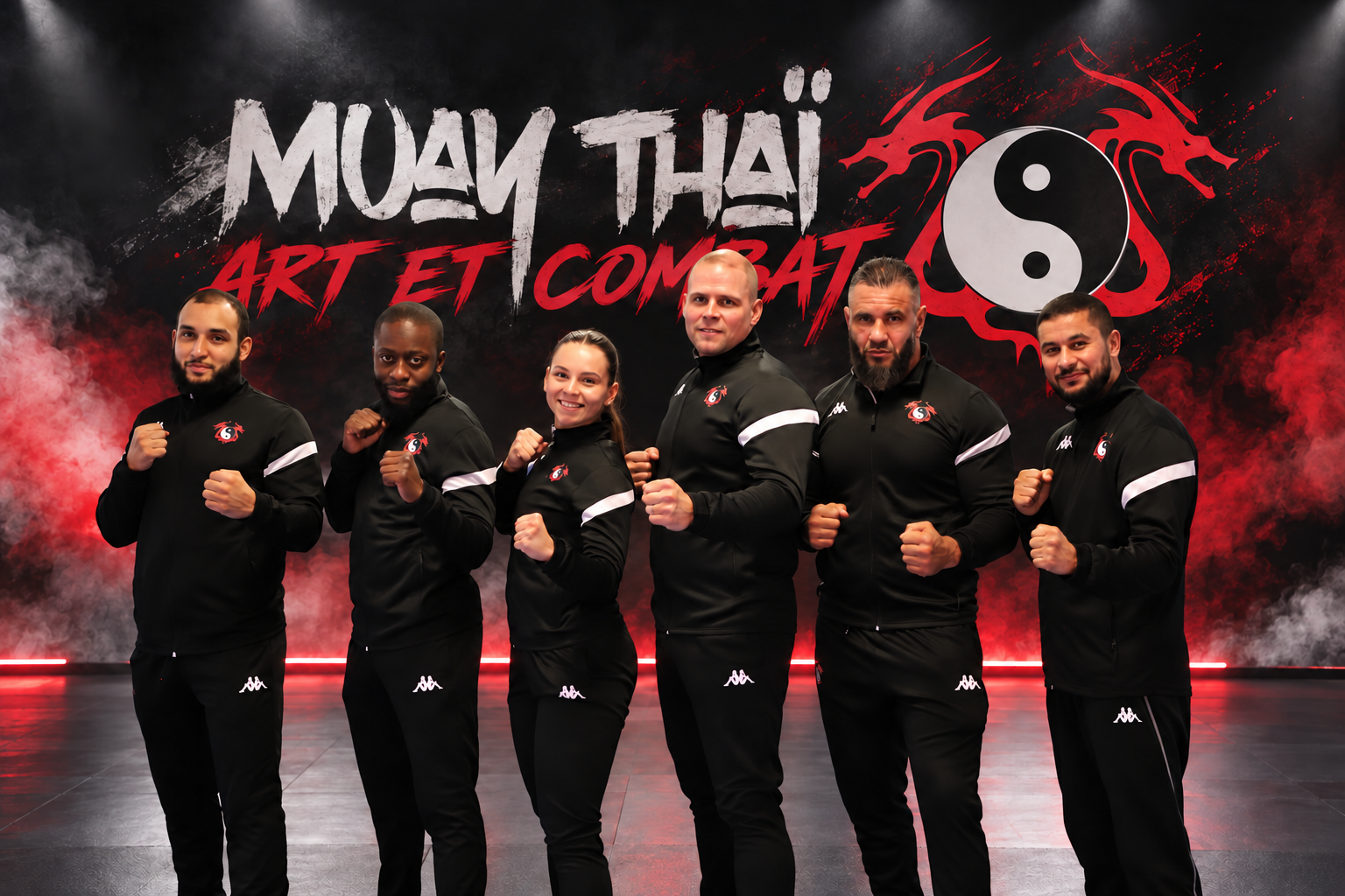 Les six coachs du club en tenue, poings levés, devant le ring